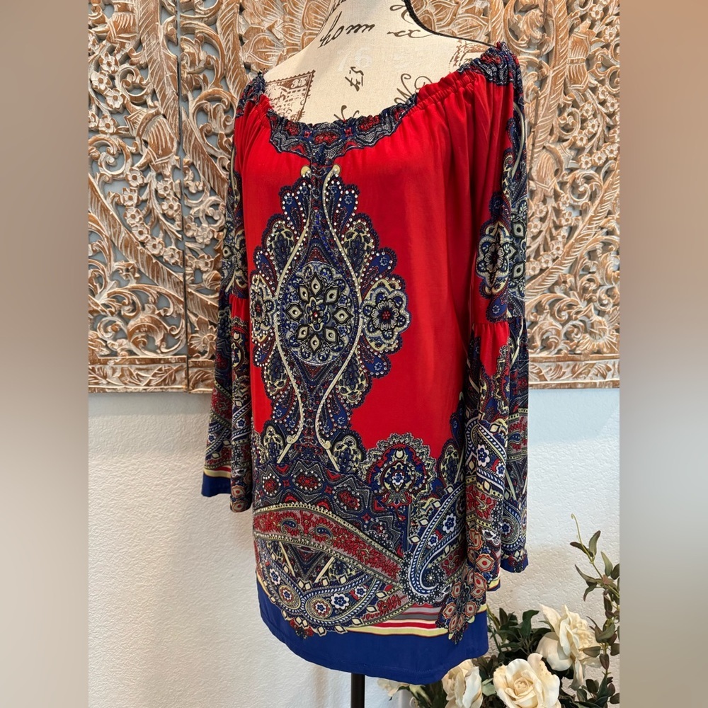 Urban Mangoz Red & Blue Medallion Relaxed Fit Cool Wrinkle Free Mini Dress- M - Picture 5 of 12